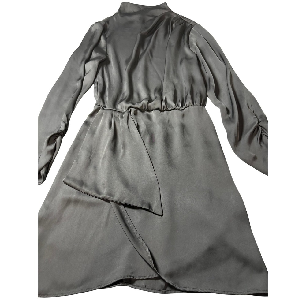 Zara Black Satin Mock Neck Long Sleeve Draped Wrap Mini Dress Small